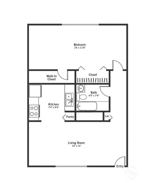 Floor plan for 1 bed, 1 bath, 650 sqft